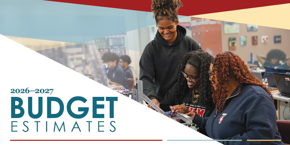 Students working on a robotics project in a classroom beside the title "2026–2027 Budget Estimates.