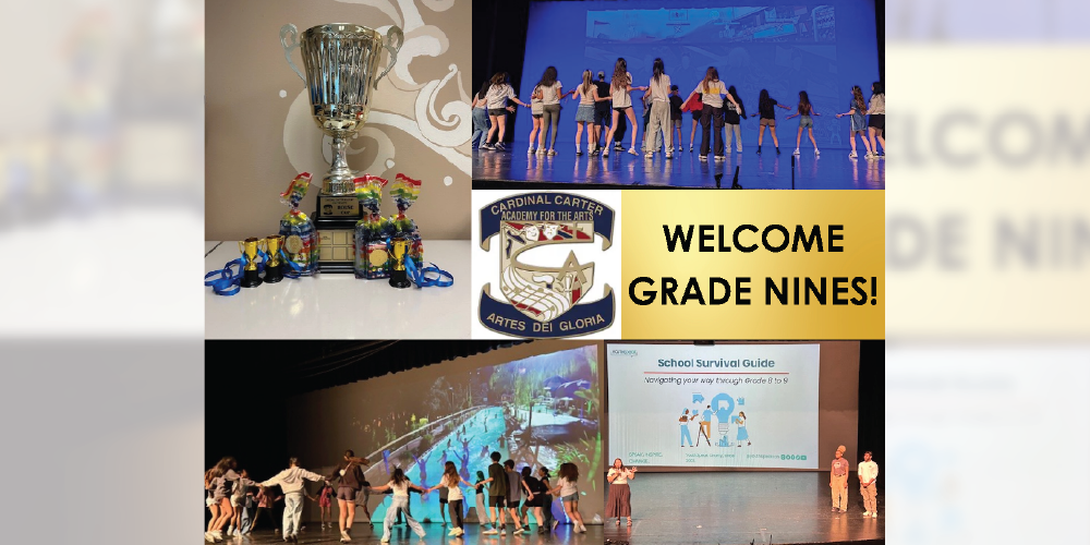 An image consists of a trophy, a group of students dancing and 3 students giving a presentation with 'Welcome Grade Nines!' written on it.