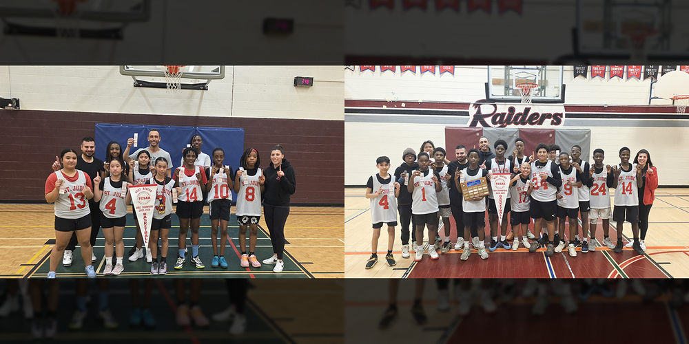 Collage of two photos of the St. Jude girls and boys basketball teams with their championship awards