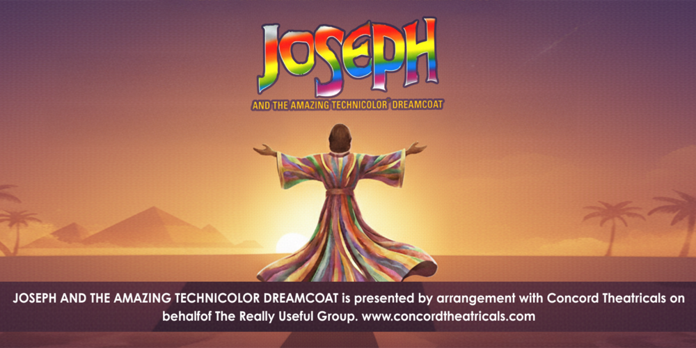 banner - Joseph and the Amazing Technicolor Dreamcoat banner showing a graphic of Joseph in his coat standing in front of a landscape of Egypt with the pyramids