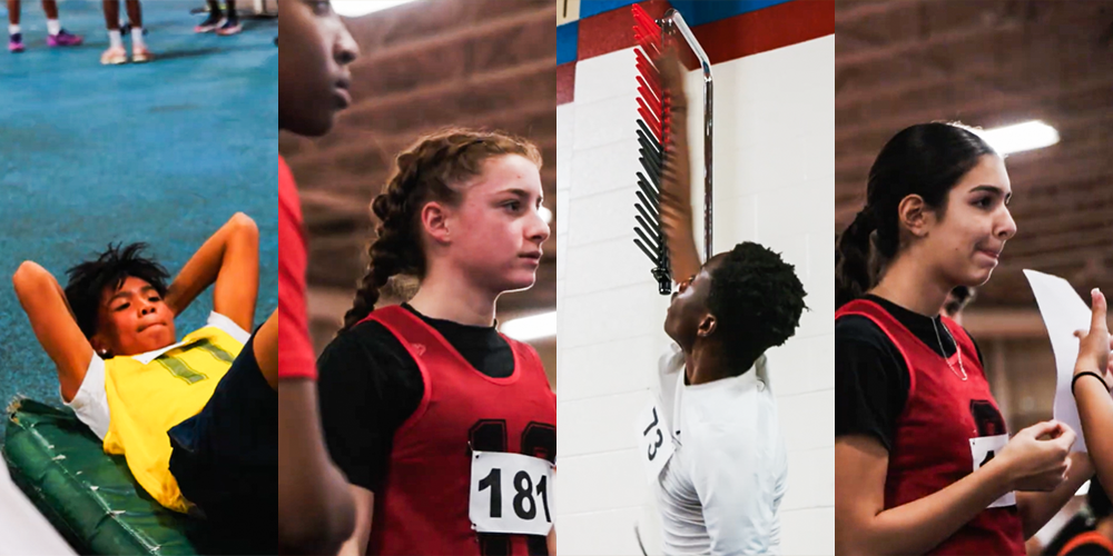 Photo of four students trying out for the program at the Athletic Combine