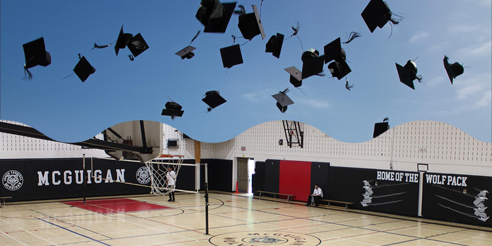 Graphic showing a photo of the James Cardinal McGuigan gym, with a photo above of mortarboards being thrown into the air