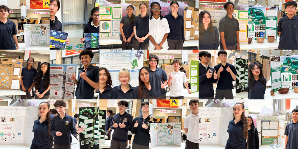 Collage of photos of McLuhan students presenting their findings with poster boards