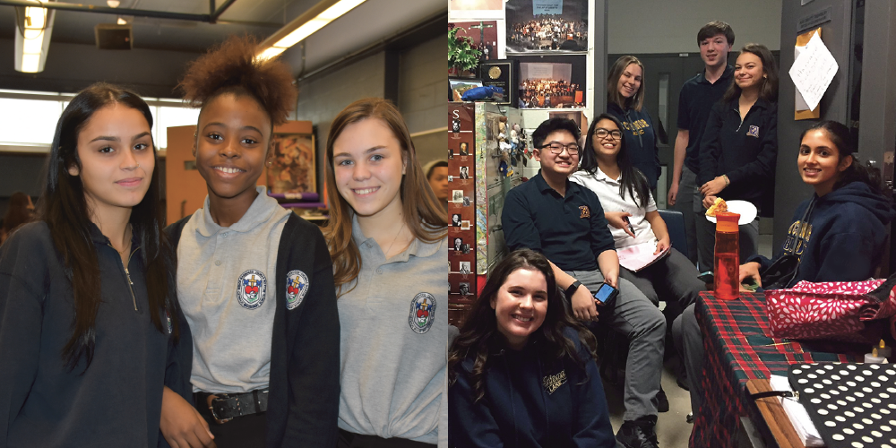 An image consists of 2 pictures: left image has 3 female students smiling at camera; right picture has a group of students sitting in a room smiling at the camera. 