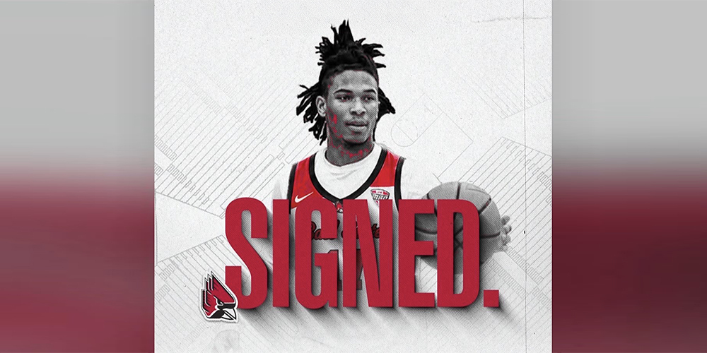 Photo of Zane playing basketball with the word "Signed" in capslock on top in large impact font