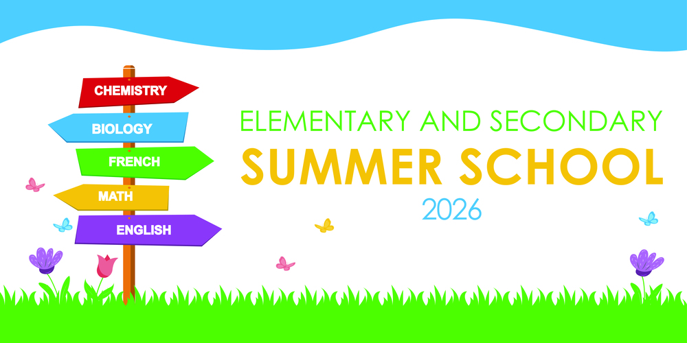 Graphic promoting “Elementary and Secondary Summer School 2026,” featuring a colourful signpost listing Chemistry, Biology, French, Math, and English, set against a grassy landscape with butterflies and flowers.