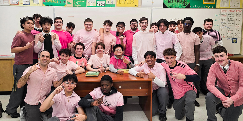Group photo of Chaminade students in pink for Pink Shirt Day
