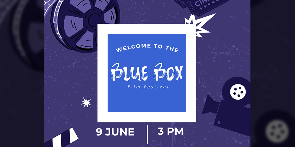 Banner showing a purple graphic with illustrations of projector and movie reels and tickets, with the text in white on blue: Welcome to the Blue Box Film Festival, June 9, 3 PM