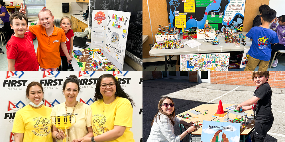 Collage of three photos of St. Albert students and staff at the event, and one photo of St. Albert staff accepting their trophy