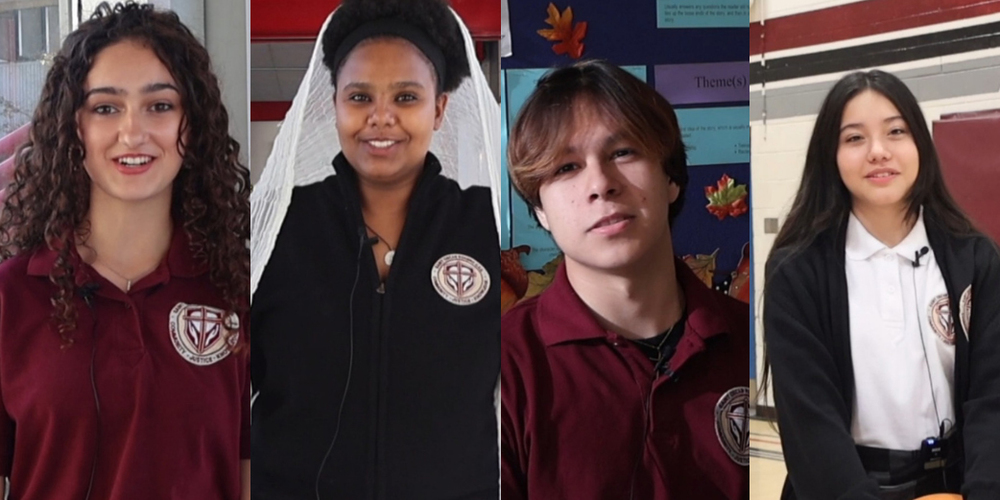 Collage of four screenshots from the video of four of St. Oscar Romero Catholic Secondary Schools' English Language Learner students talking about their experiences as newcomers