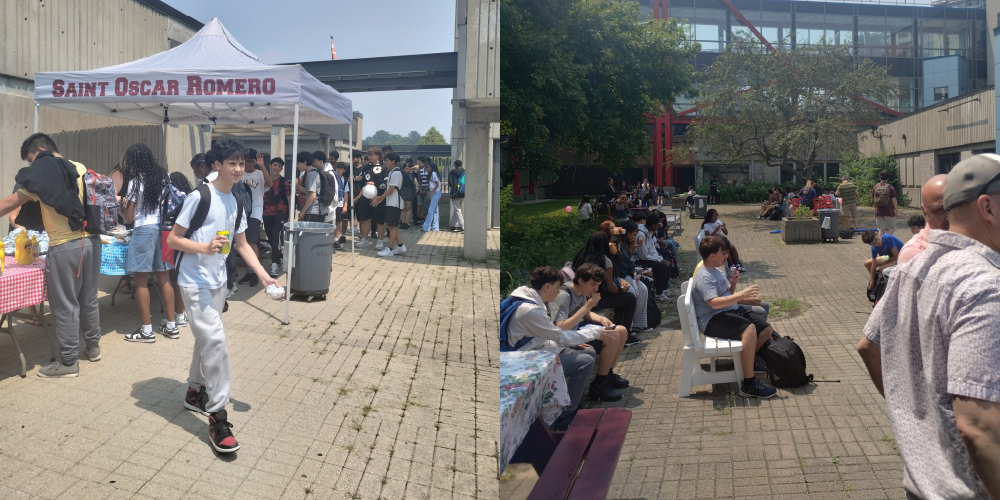 A picture consists of 2 images: left image shows students lining up to get food; right image shows students sitting and eating their food.