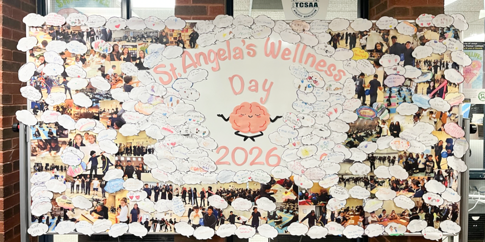 Banner showing St. Angela Wellness Day 2026 with photos of the event and messages from students about the event