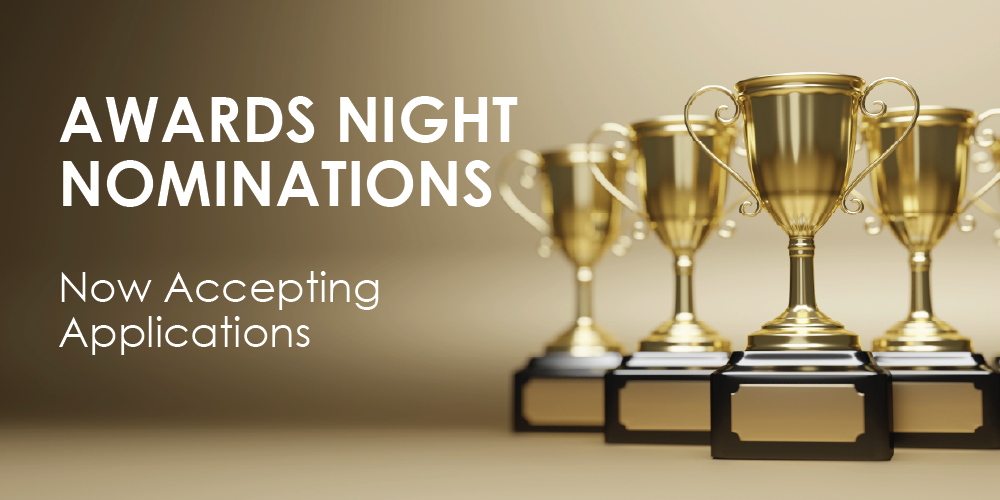Several gold trophies with black bases stand in a row against a soft gold background. To the left, white text reads "AWARDS NIGHT NOMINATIONS" in all caps, with "Now Accepting Applications" written in a smaller font below.