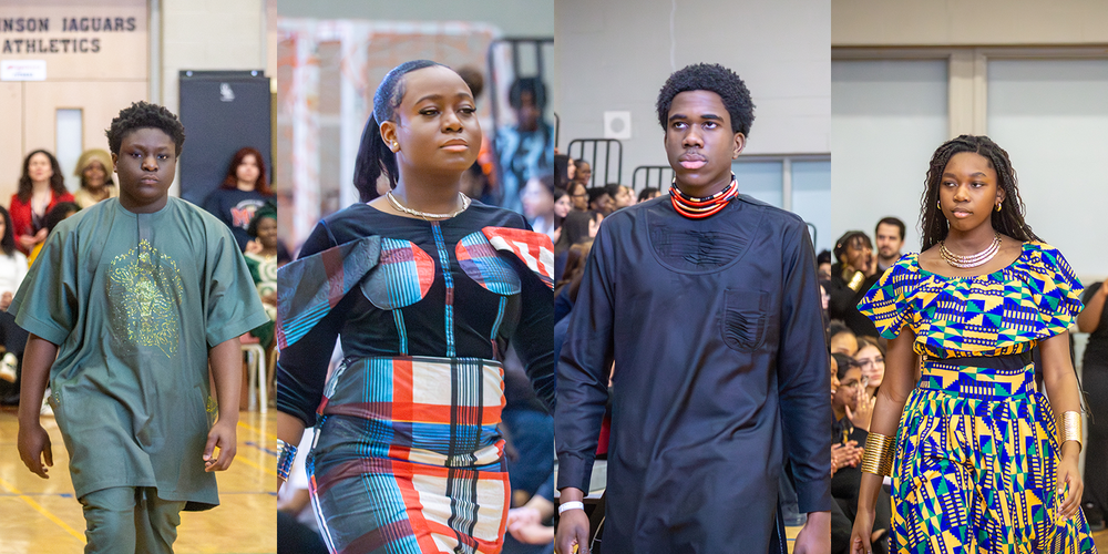 Collage of four photos of MPJ students walking the fashion runway