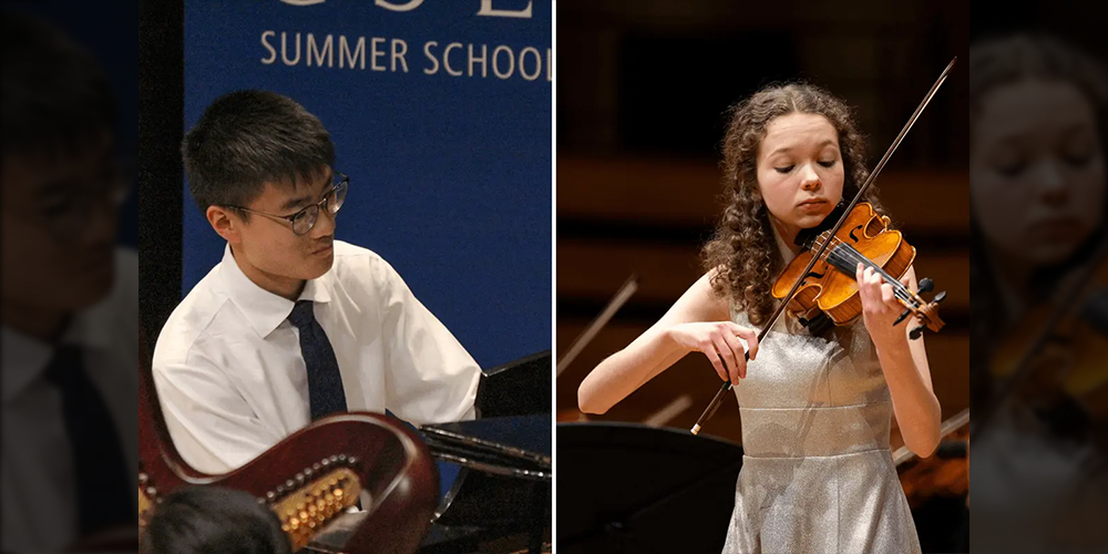 Collage of photos of So and Friesen performing with the piano and violin
