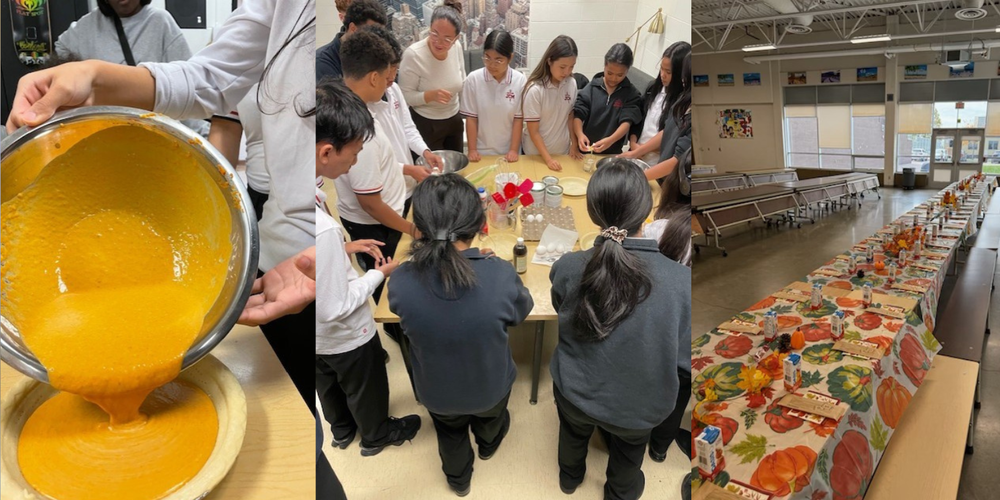 collage of 3 images - the first is someone pouring batter, the second is a group of students around a table assembling food, the third is a line of tables arranged with thanksgiving decor. 