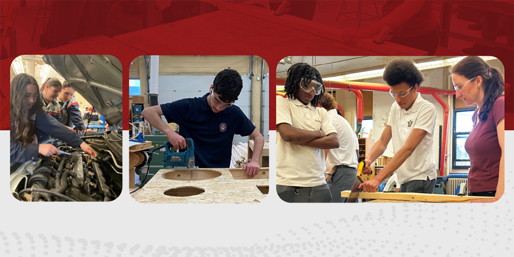 Graphic made of three photos of TCDSB students working in their OYAP placements, with two photos of students working in construction and one photo of students repairing a car