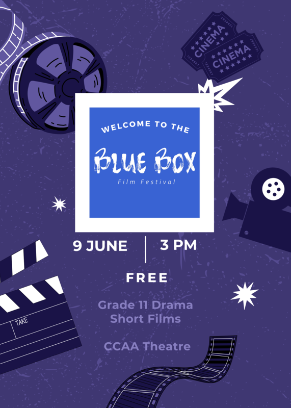 Banner showing a purple graphic with illustrations of projector and movie reels and tickets, with the text in white on blue: Welcome to the Blue Box Film Festival, June 9, 3 PM