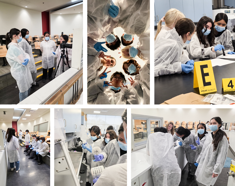 Collage of photos of McLuhan students in lab scrubs, masks and gloves during the excursion