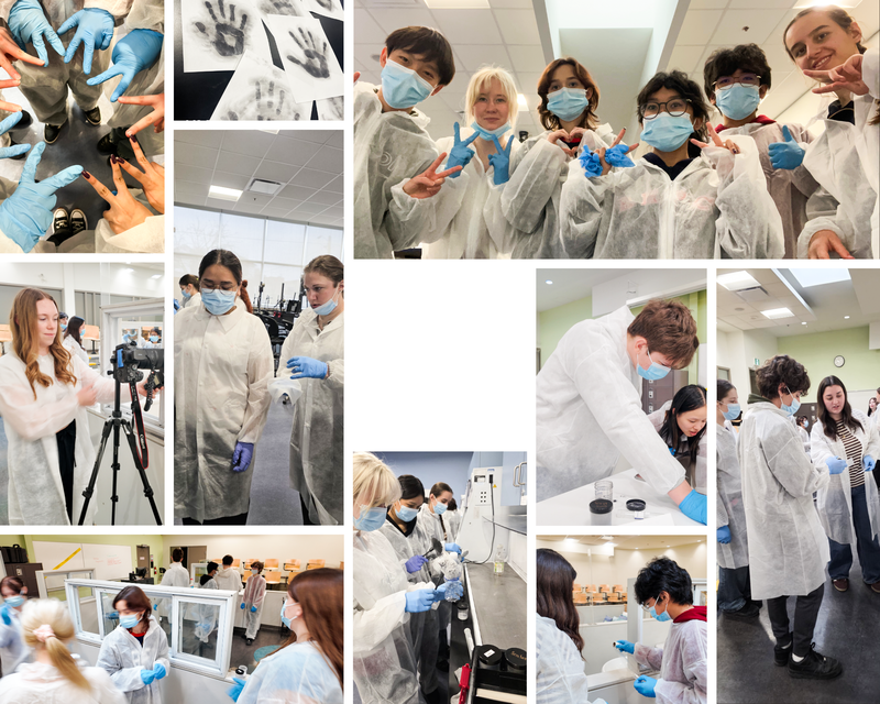 Collage of photos of McLuhan students in lab scrubs, masks and gloves during the excursion
