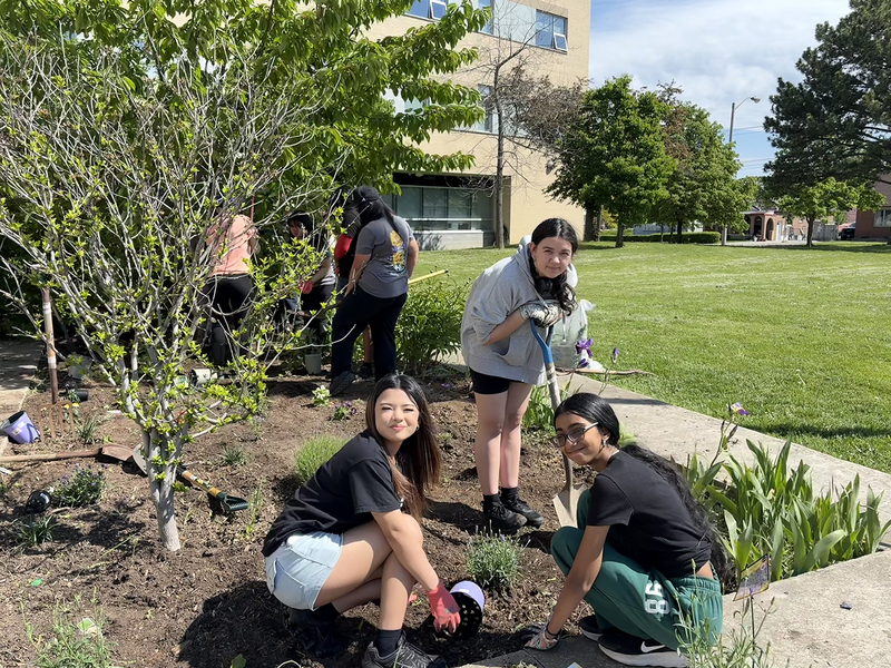 Photo of MPJ students working in the garden