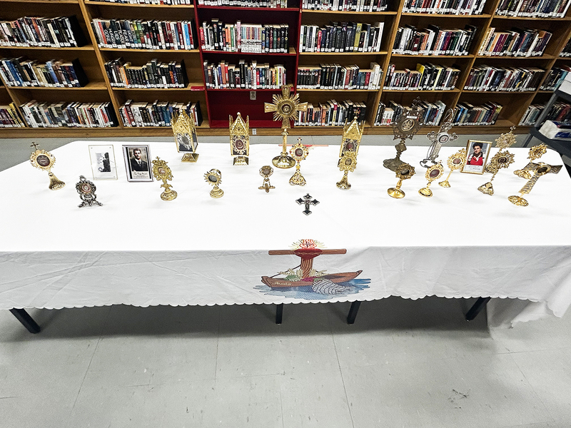 Photo of the sacred relic display on a table in the Chaminade library