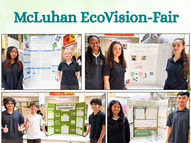 Collage of photos of McLuhan students presenting their findings with poster boards