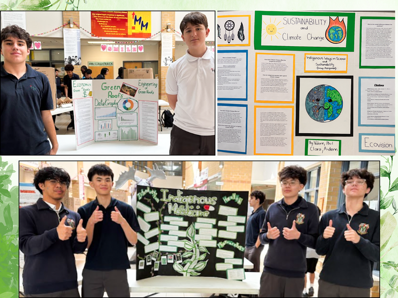 Collage of photos of McLuhan students presenting their findings with poster boards
