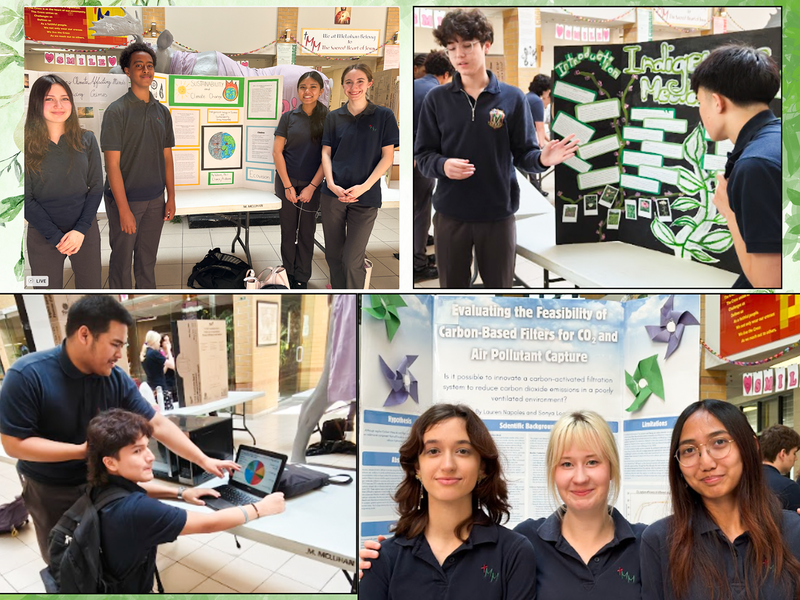 Collage of photos of McLuhan students presenting their findings with poster boards