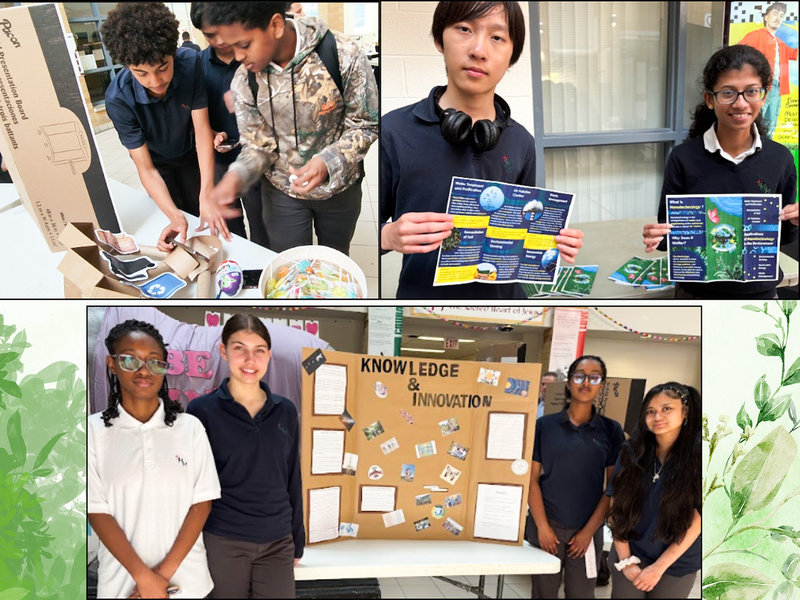 Collage of photos of McLuhan students presenting their findings with poster boards