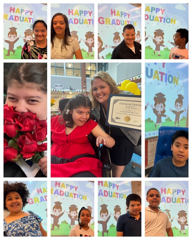 Collage of photos of Darlin, Ms. Devine and other staff at the celebration