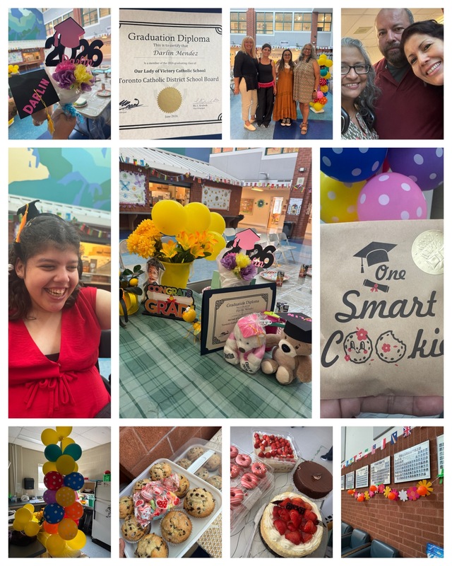 Collage of photos of Darlin, Ms. Devine and other staff at the celebration
