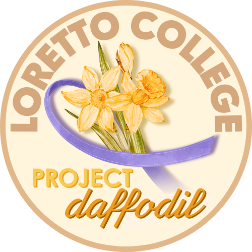 Graphic of the club logo, showing a drawing of two daffodils with a purple ribbon on a yellow background, with the yellow text: Loretto College Project Daffodil
