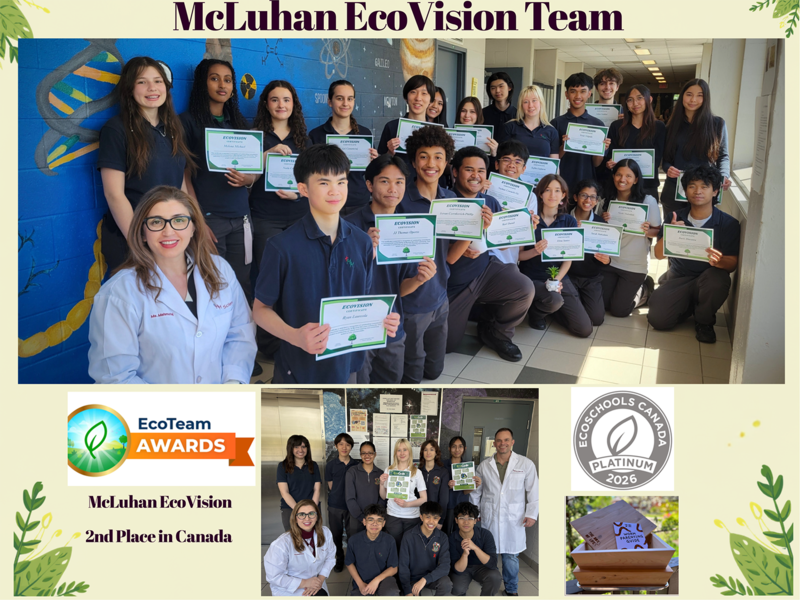 Photo of Marshall McLuhan students holding their certificates, along with their teacher