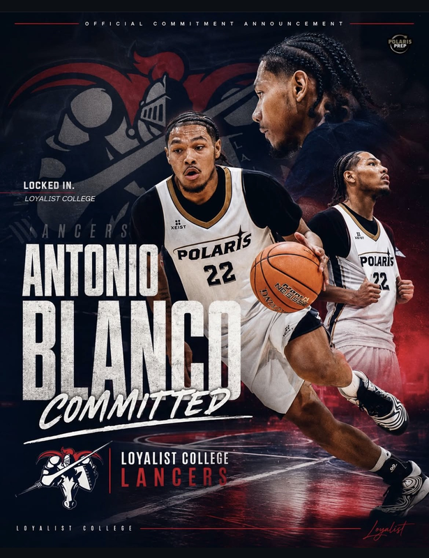 Poster showing a photo of the JCM student athlete in action and where they are committed to