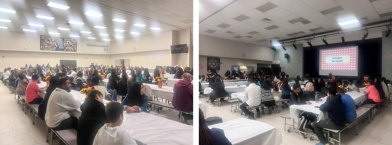 A collage of two photos of Francis Libermann students and their families at the event listening to student leaders speak