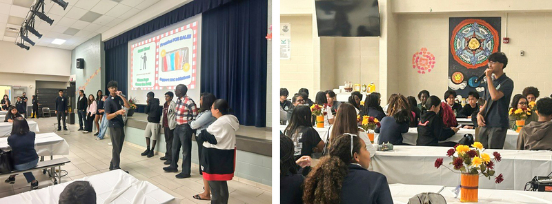 A collage of two photos of Francis Libermann students and their families at the event listening to student leaders speak