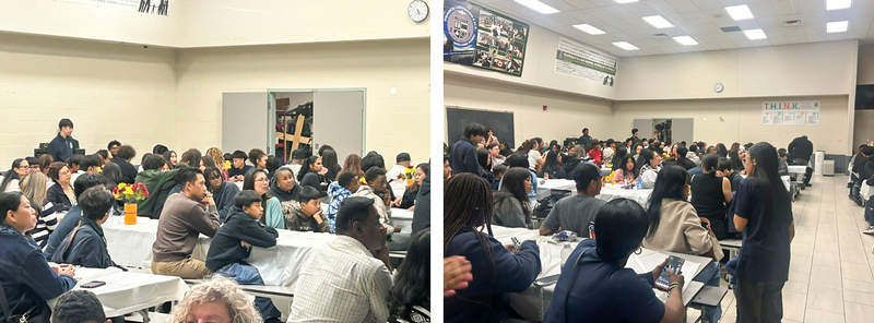 A collage of two photos of Francis Libermann students and their families at the event listening to student leaders speak