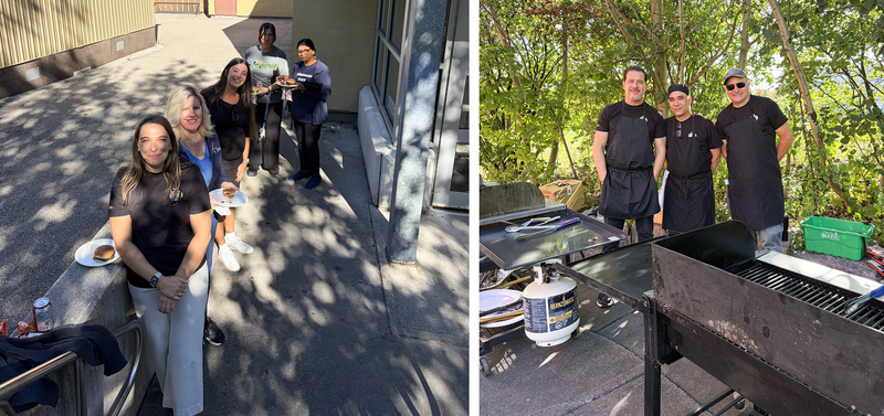 Collage of two photos of Francis Libermann staff at the BBQ. The first photo is of members of staff with their plates of food. The second photo is of three staff members at the BBQ grilling the food
