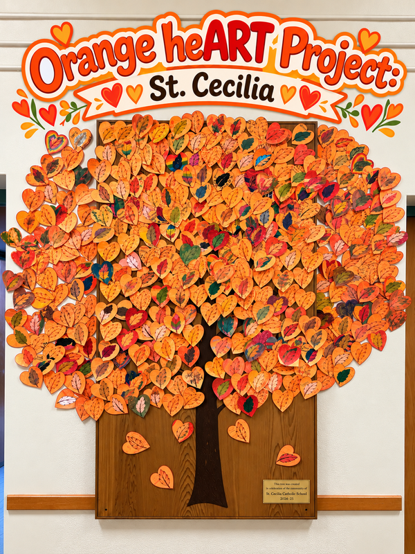 Photo of the orange Tree of Life display created from the orange hearts crafted by St. Cecilia students