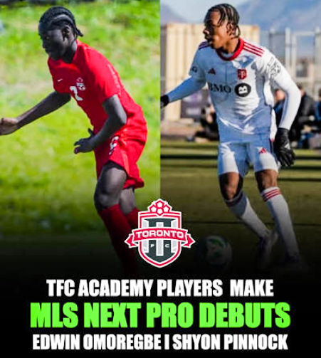 Toronto FC Academy players Edwin Omorogbe and Shyon Pinnock run on the field in red and white kits; bold text celebrates their MLS pro debuts.