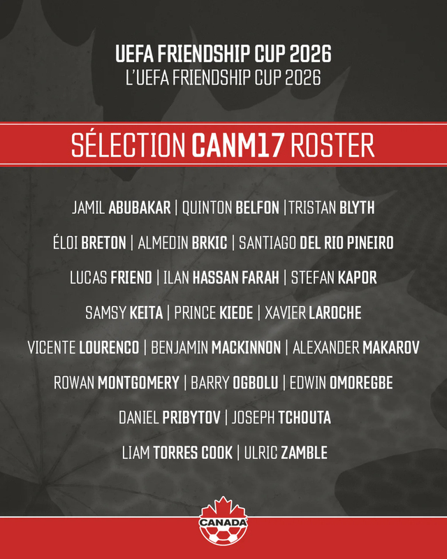 A bold red-and-black Canada roster poster for the 2026 UEFA Friendship Cup lists players by name, with a soccer ball emblem and dramatic, competitive styling.