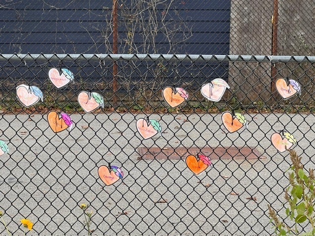 Colorful orange paper hearts bearing handwritten messages are clipped to a chain-link school fence