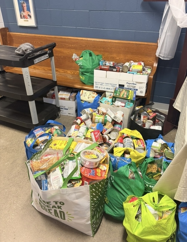 Bins and bags of assorted packaged food items and pantry staples arranged on the floor beside a bench in a room with blue walls.
