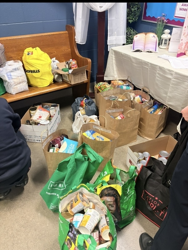 Bins and bags of assorted packaged food items and pantry staples arranged on the floor beside a bench in a room with blue walls.