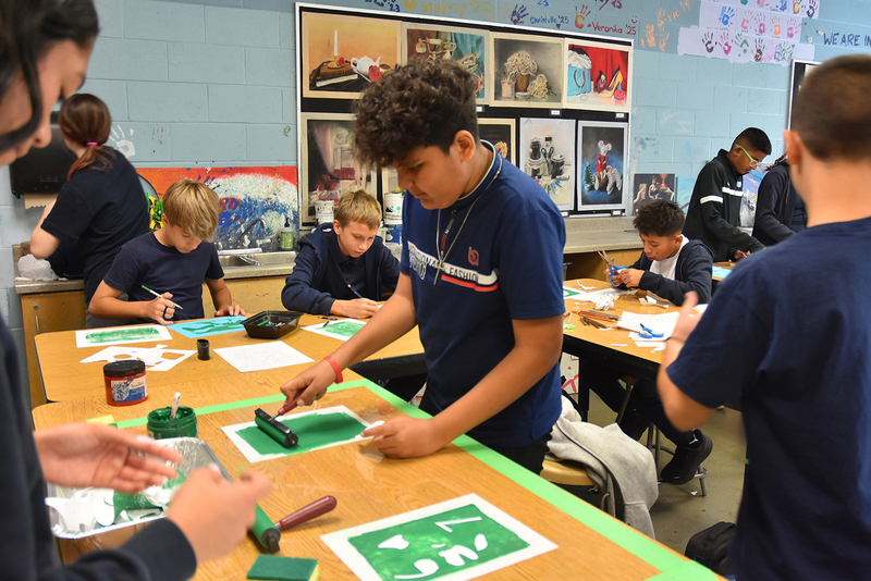 Photo of elementary student visitors in a classroom doing an art printing activity together in groups