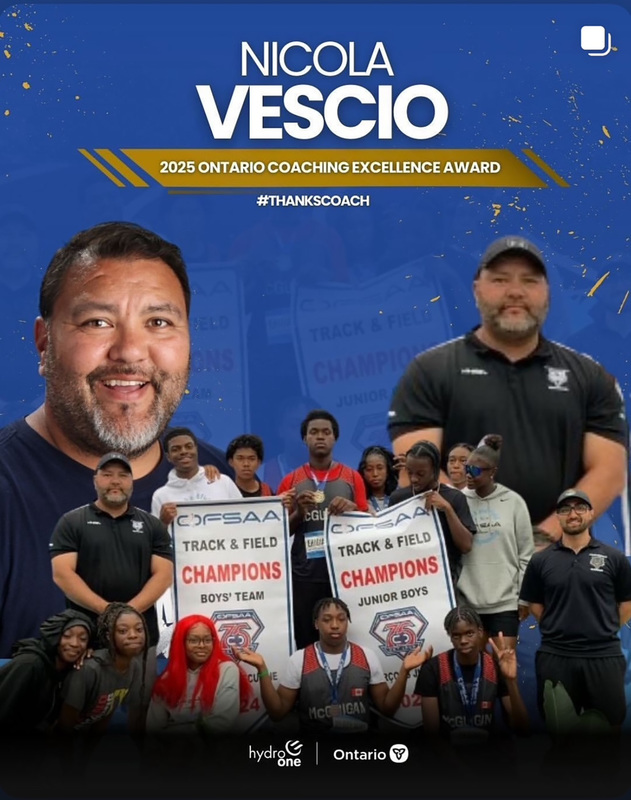 Poster of Coach Vescio which shows photos of Coach Vescio as well as of his students and their OFSAA championship banners