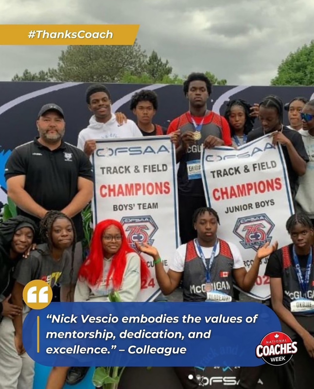 Photo of Coach Vescio and his students with their OFSAA championship banners