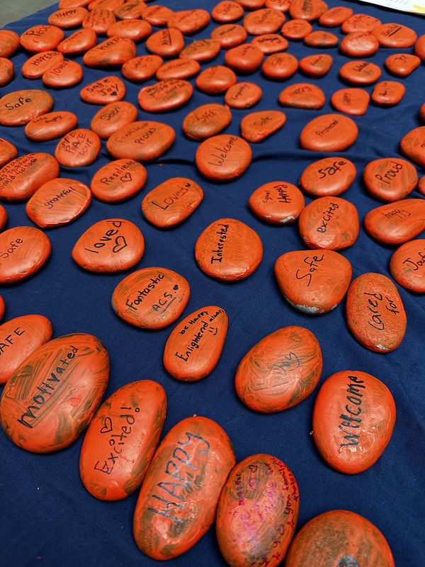 Photo of the orange rocks the students painted and wrote messages on