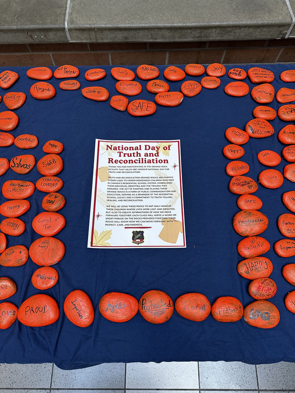 Photo of the orange rocks the students painted and wrote messages on